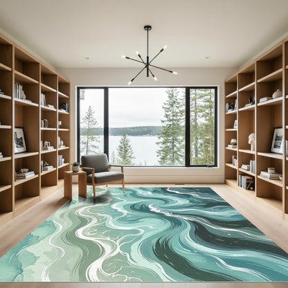 Ethereal Teal Ocean Swirl Abstract Rug