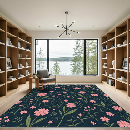 Dark Blue Pink Floral Field Rug