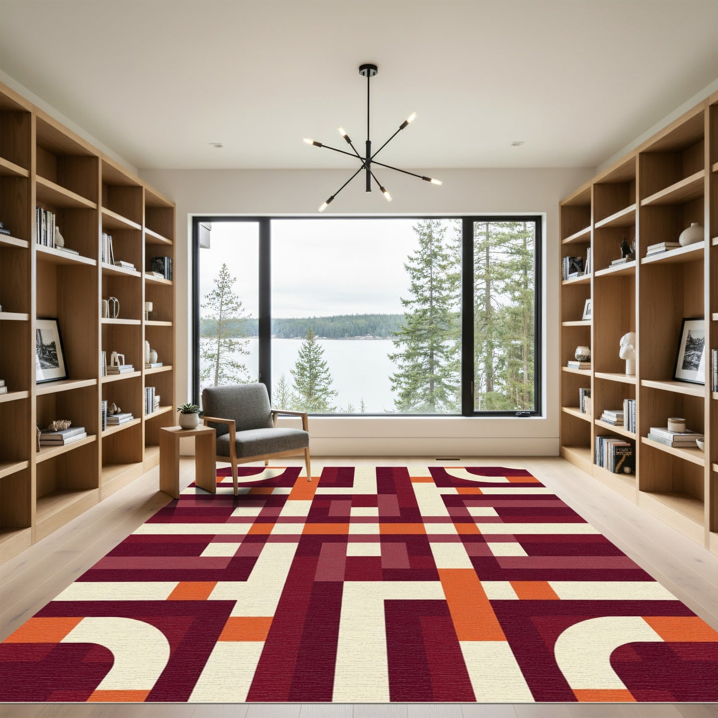 Deep Red Cream Abstract Line Art Rug