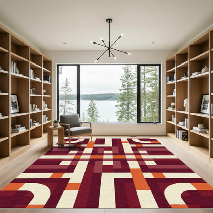 Deep Red Cream Abstract Line Art Rug