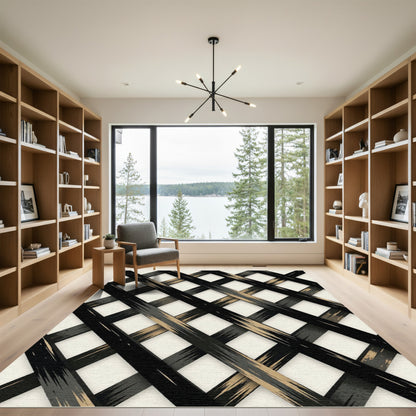 Modern Black and Gold Woven Plaid Rug