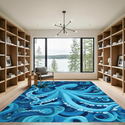 Deep Ocean Blue Octopus Swirls Rug