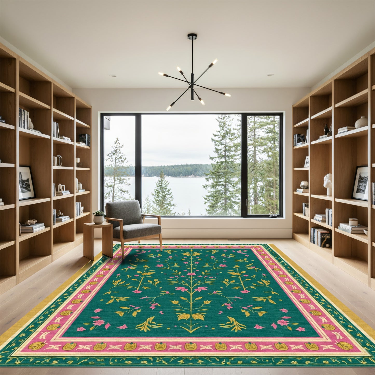 Emerald Green Pink Flowering Tree Rug