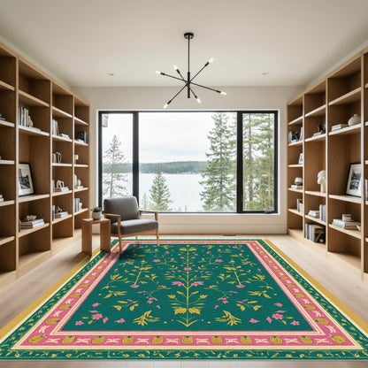 Emerald Green Pink Flowering Tree Rug