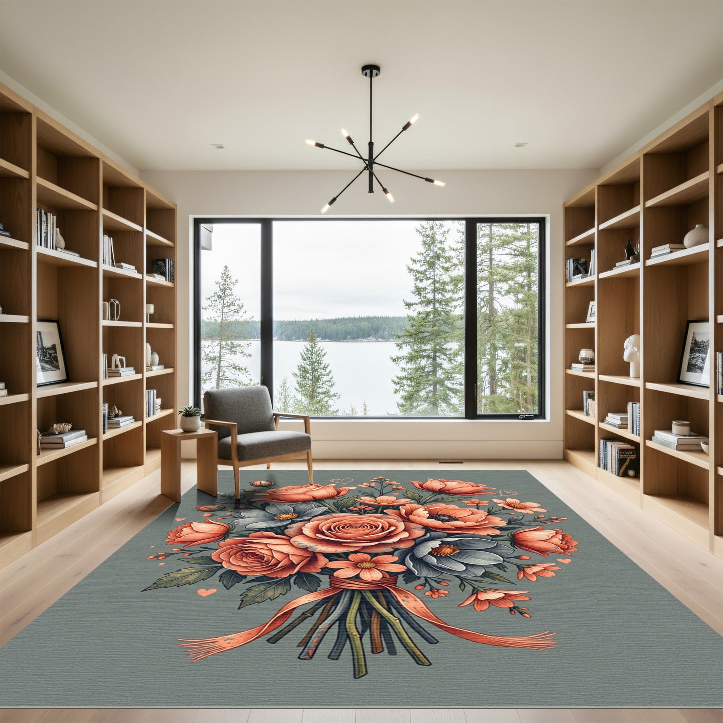 Coral Peach Floral Bouquet Arrangement Rug