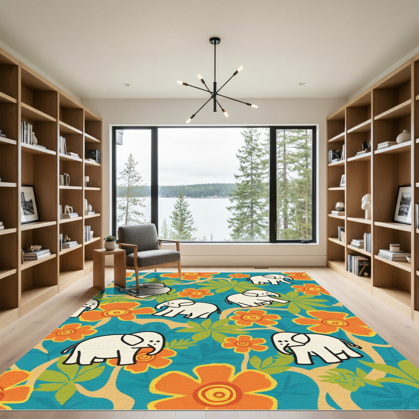 Playful White Elephants Tropical Floral Rug