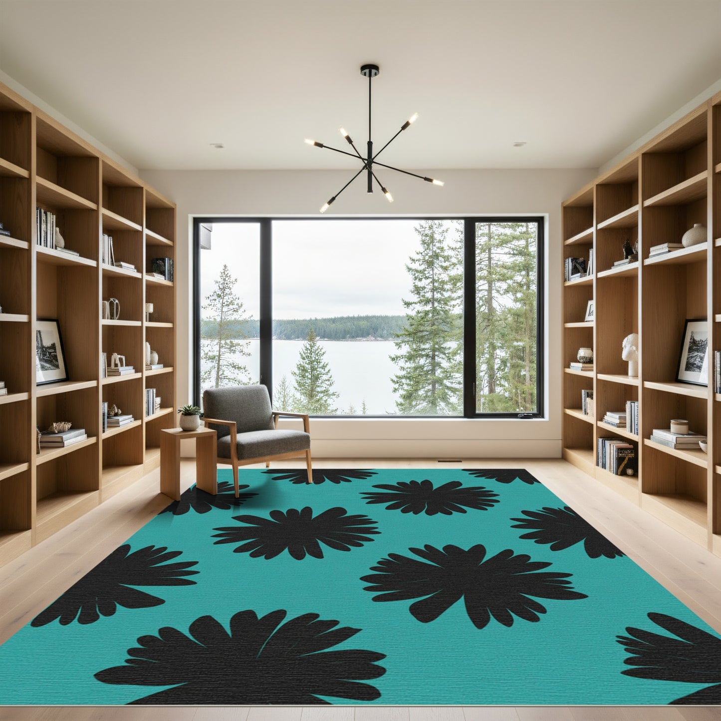 Black Floral Silhouette Teal Rug