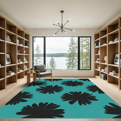 Black Floral Silhouette Teal Rug