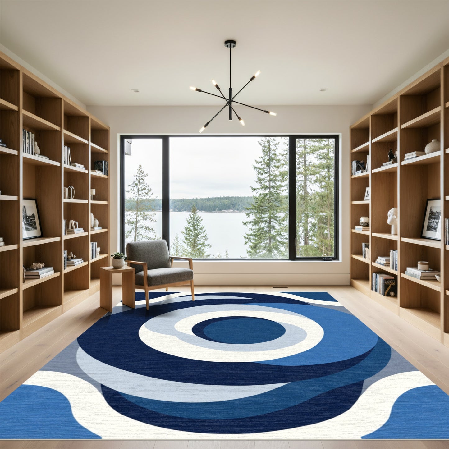 Abstract Blue Swirl Layered Rings Rug