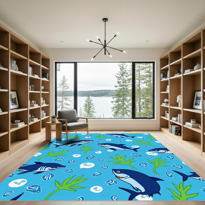 Blue Cartoon Shark Kelp Whimsical Rug