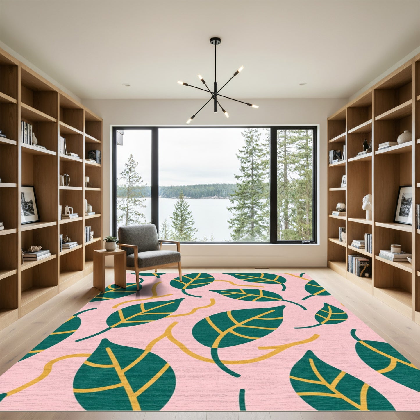 Teal Leaf Pink Background Abstract Swirl Rug