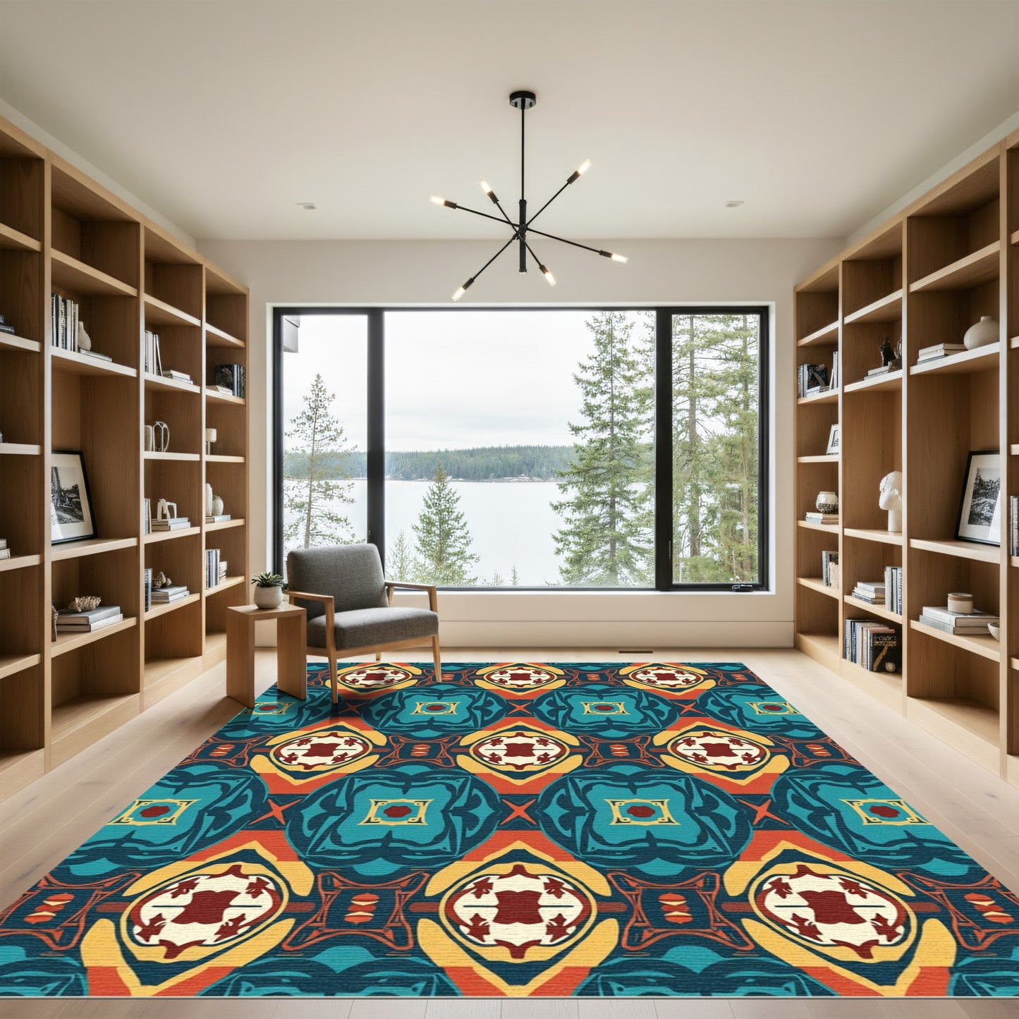 Bold Teal Orange Geometric Medallion Rug
