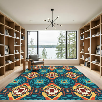 Bold Teal Orange Geometric Medallion Rug