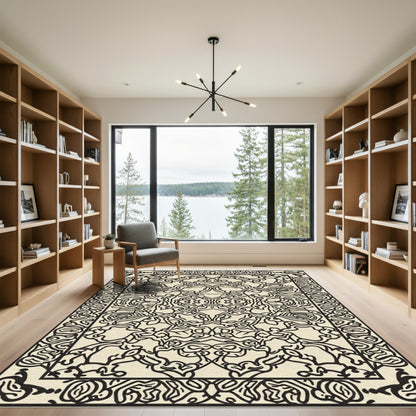 Cream Black Organic Scroll Meadow Rug