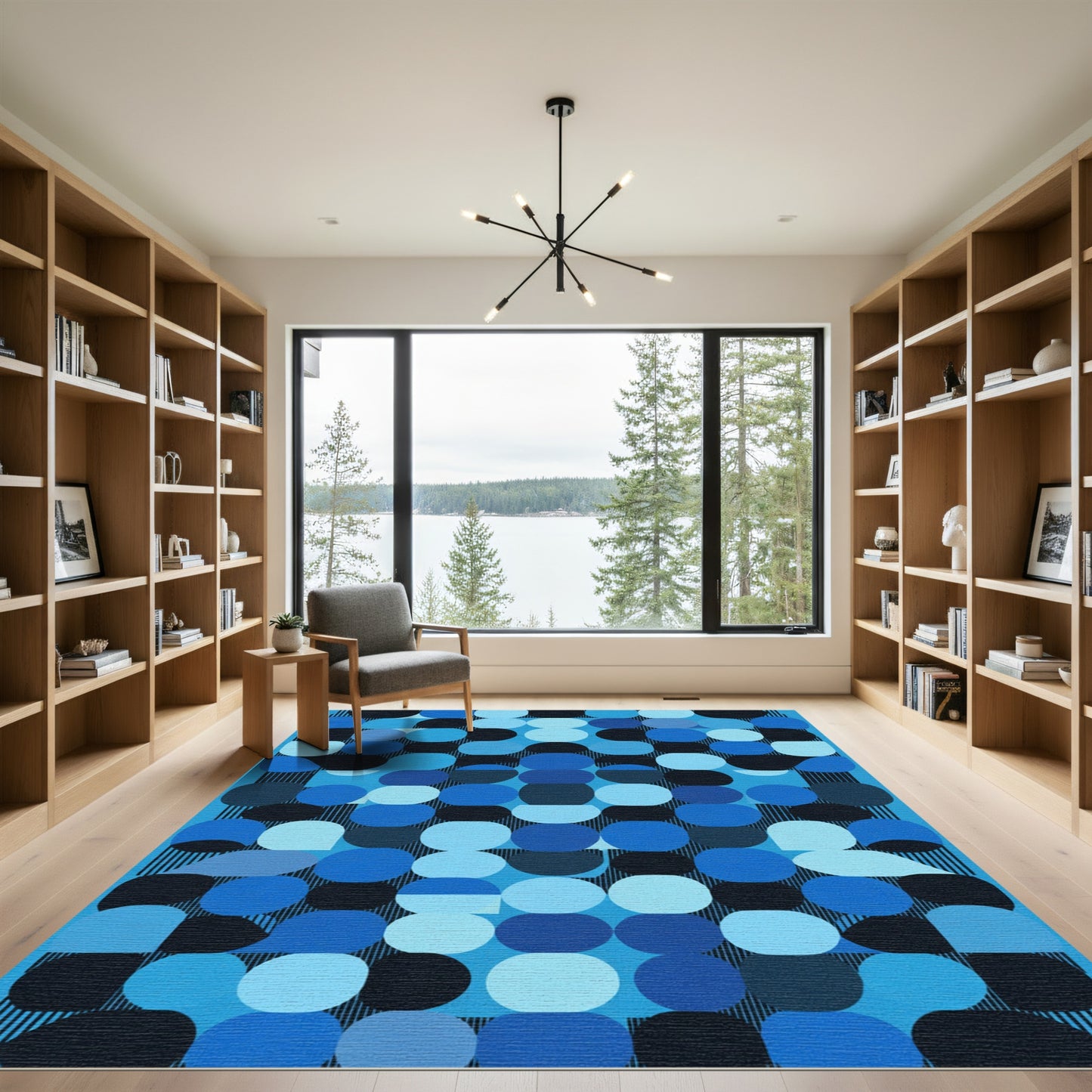 Aqua Blue Circles Mid Century Modern Rug
