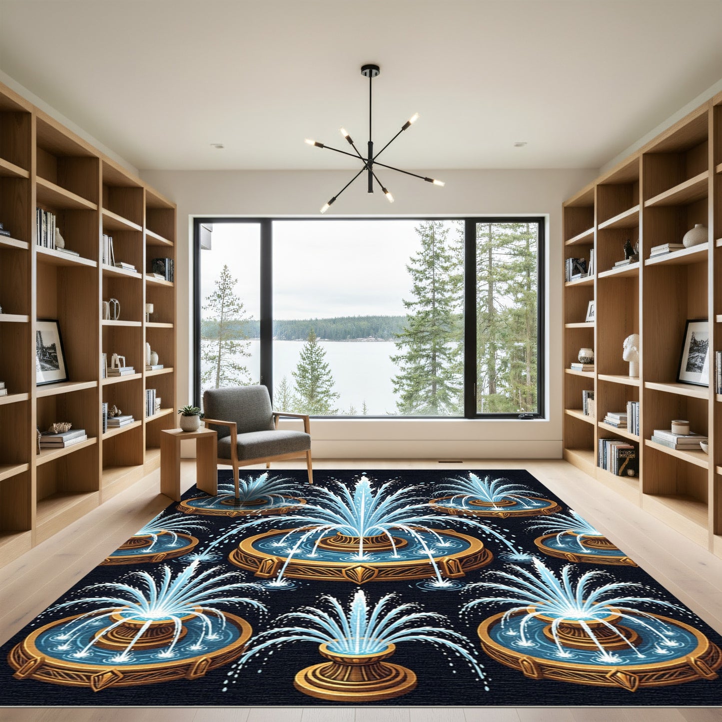 Elegant Golden Fountain Aquamarine Tile Rug
