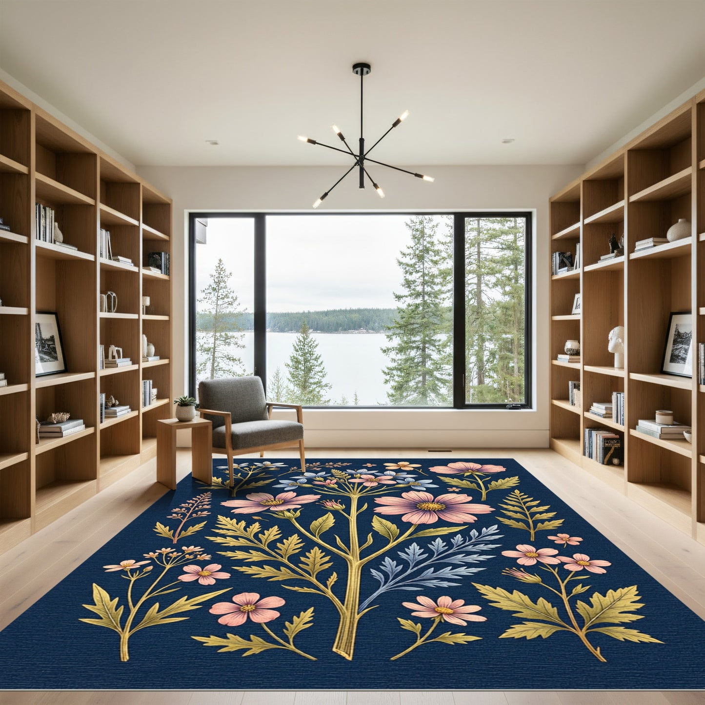 Elegant Indigo Botanical Pink Floral Rug