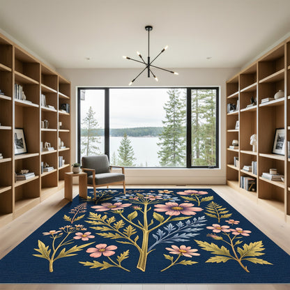 Elegant Indigo Botanical Pink Floral Rug
