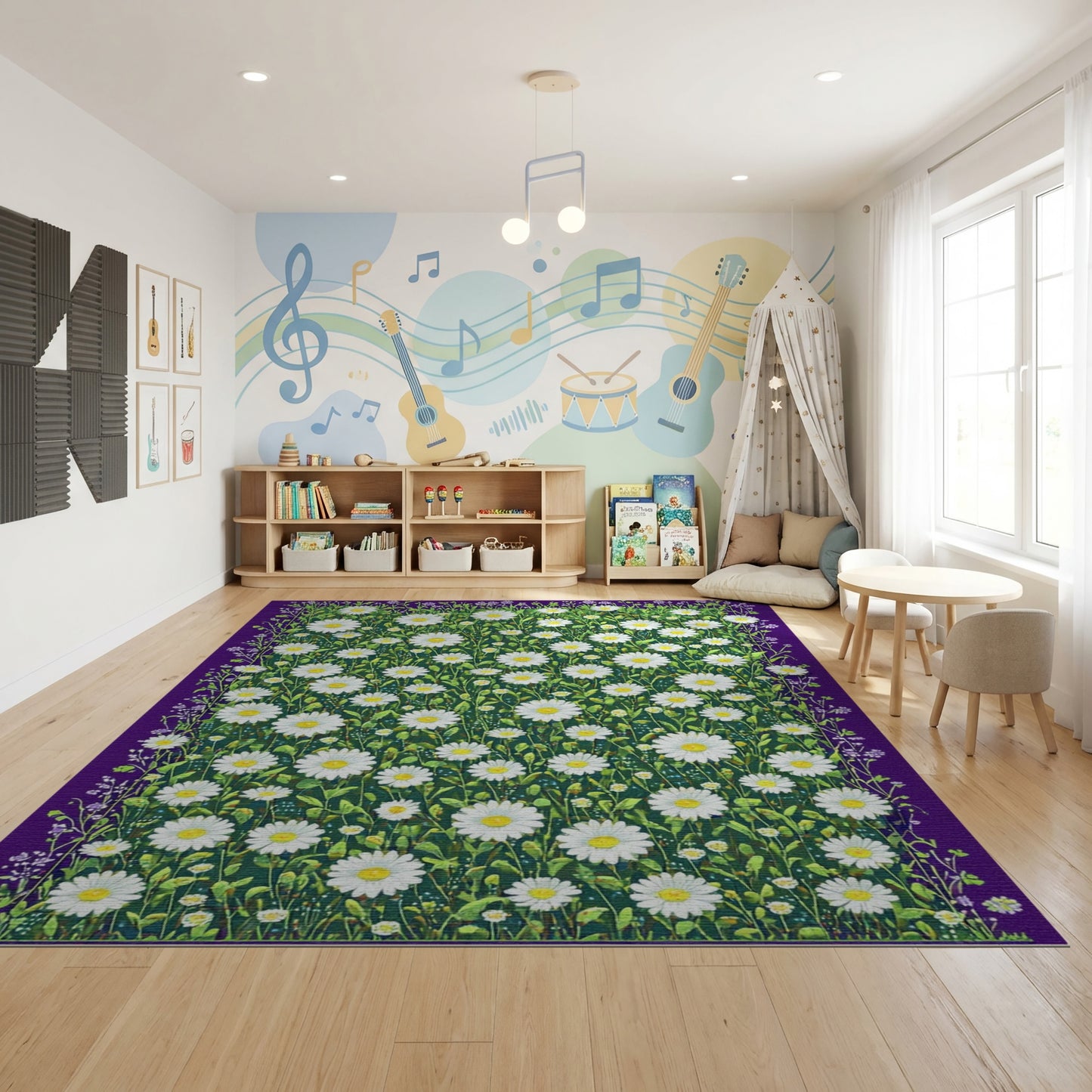 Lush White Daisies Green Meadow Purple Rug