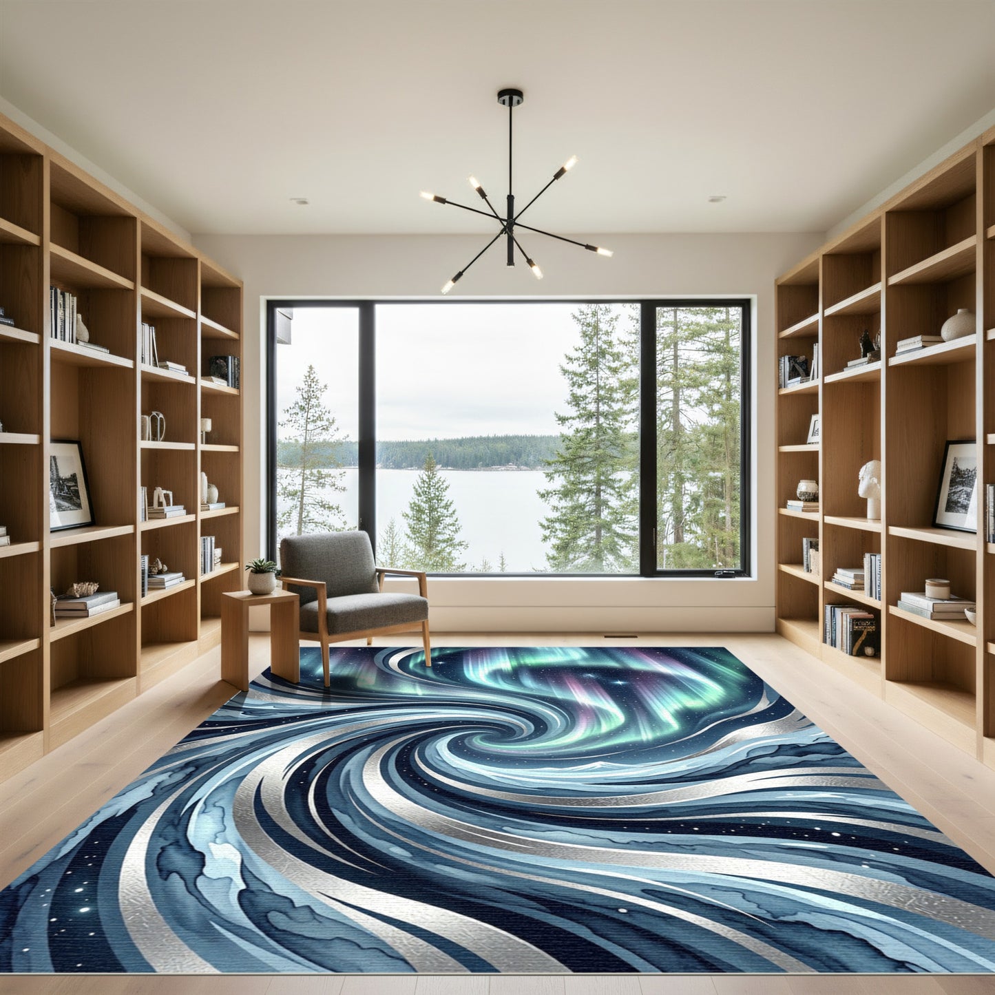 Celestial Aurora Swirl Silver Blue Rug