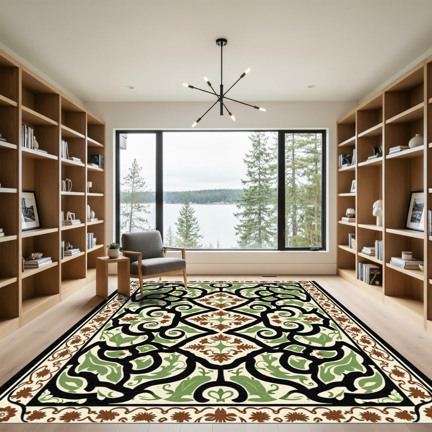 Cream Brown Green Scrollwork Medallion Rug