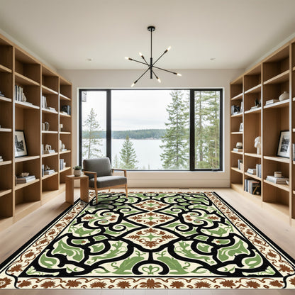 Cream Brown Green Scrollwork Medallion Rug