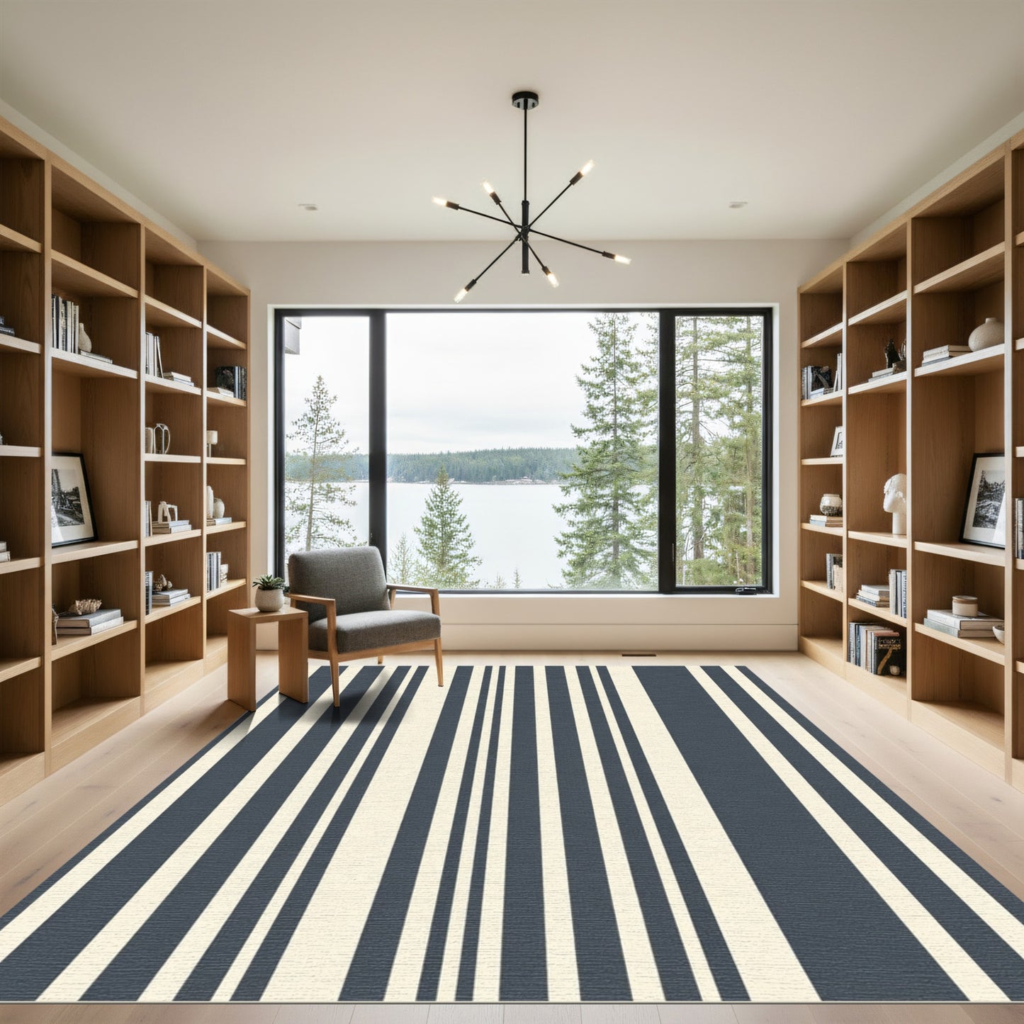 Deep Navy Ivory Vertical Stripes Rug