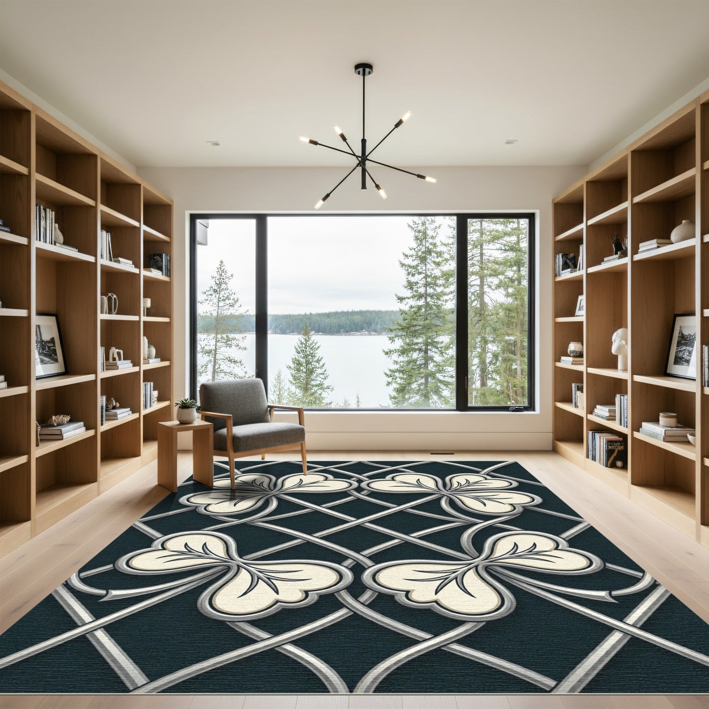 Cream Clover Pattern on Dark Gray Lattice Rug
