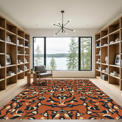 Abstract Orange And Black Swirl Rug
