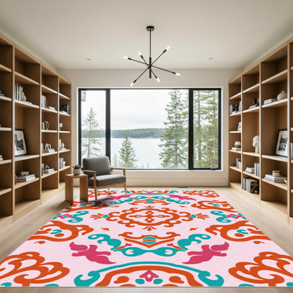 Crimson Teal Pink Ornamental Medallion Rug