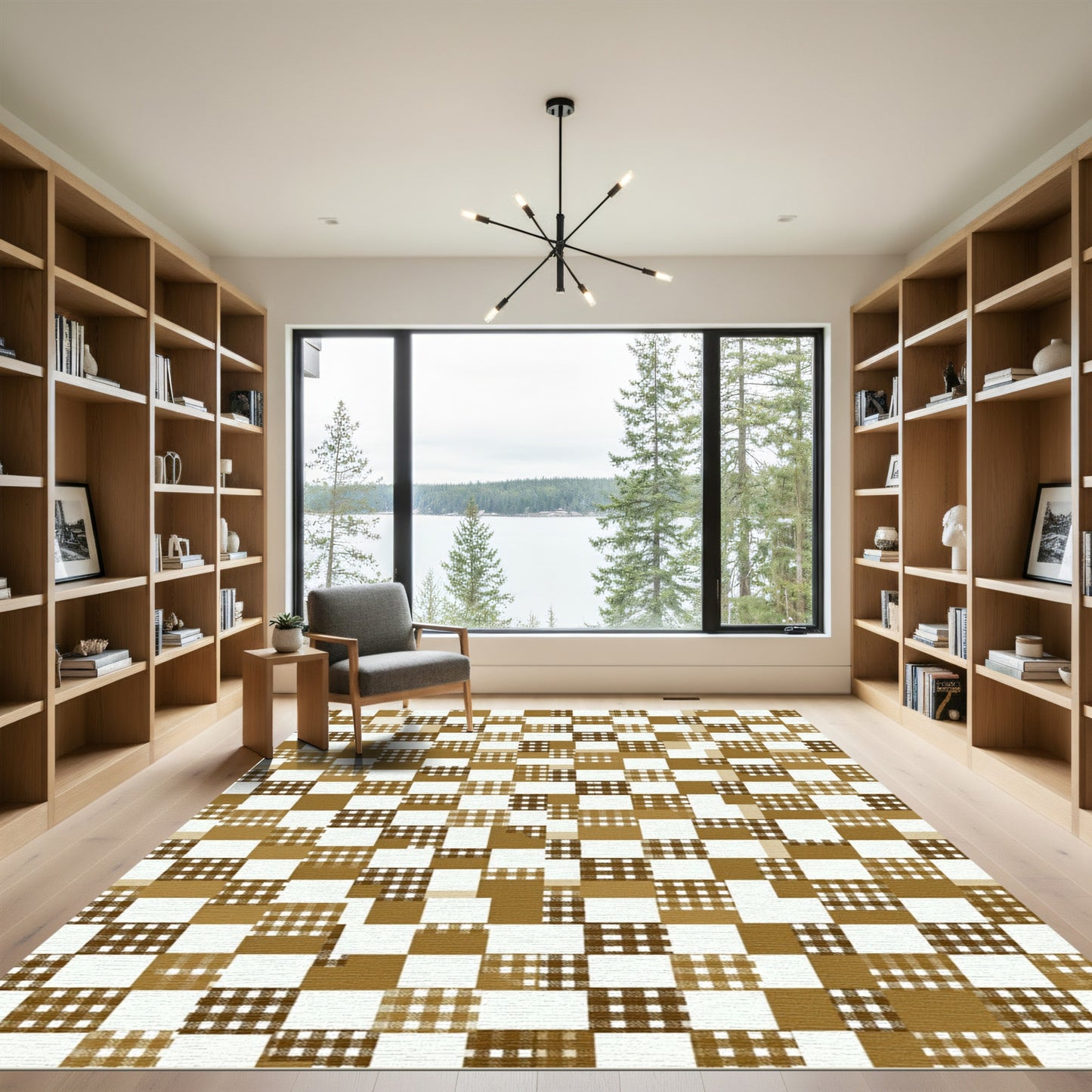 Golden Brown Gingham Check Squares Rug