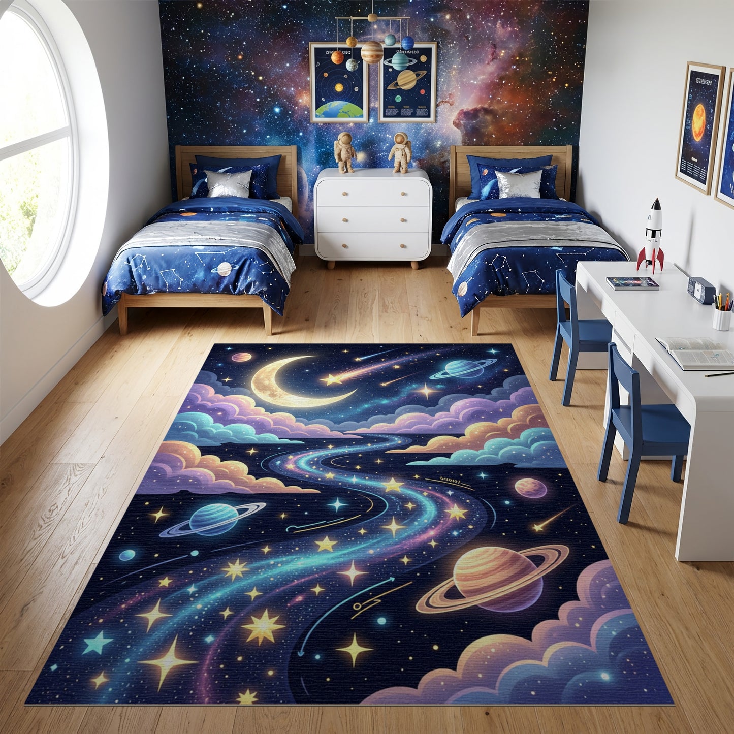 Dreamy Crescent Moon Planets Shooting Stars Rug
