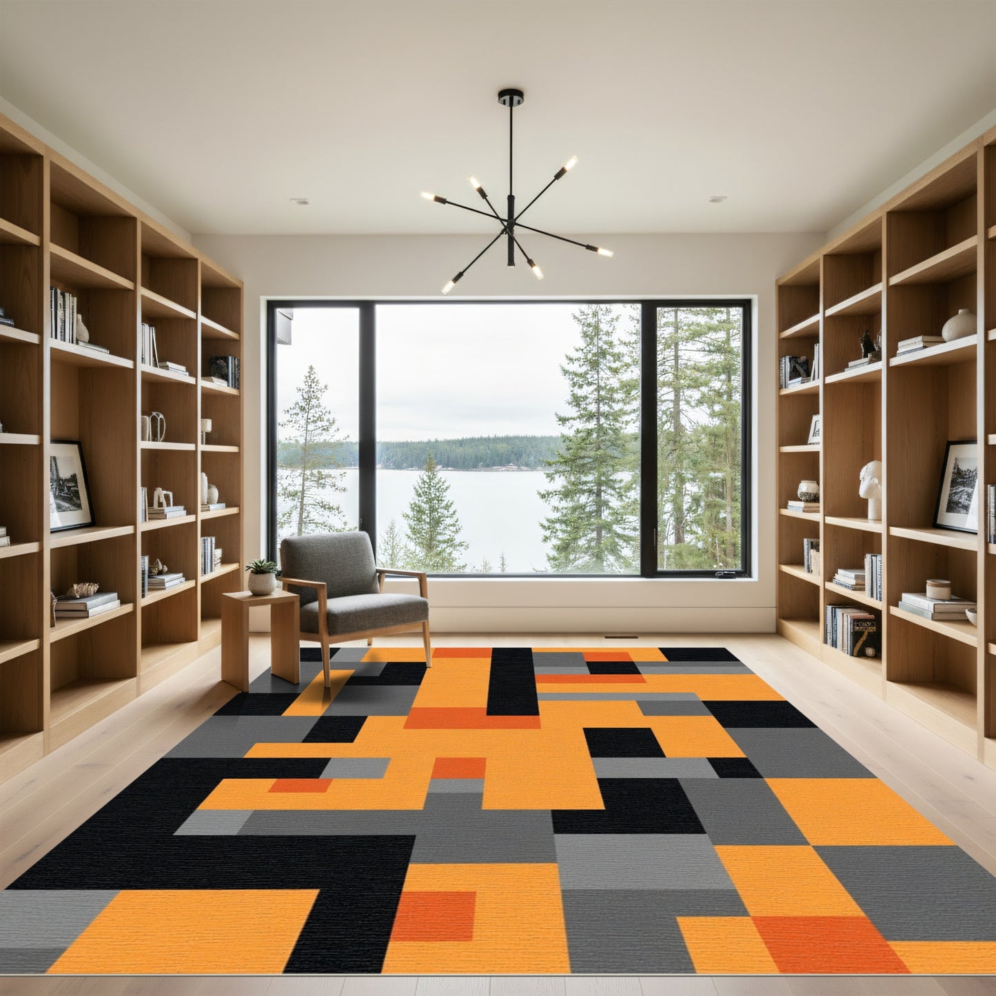 Contemporary Orange Black Geometric Blocks Rug