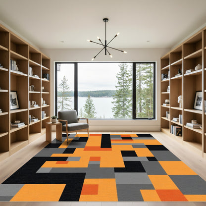Contemporary Orange Black Geometric Blocks Rug