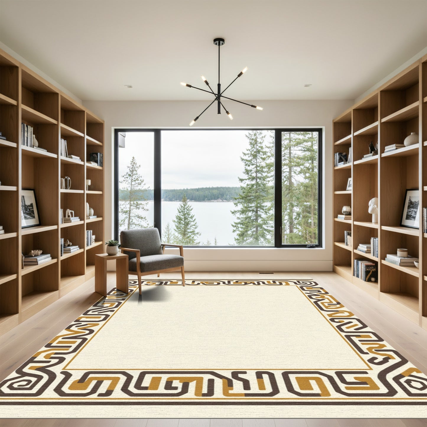Brown Gold Geometric Maze Border Rug