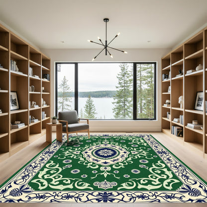 Deep Emerald Floral Medallion Border Rug