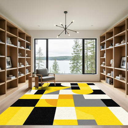 Bold Geometric Yellow Black Composition Rug