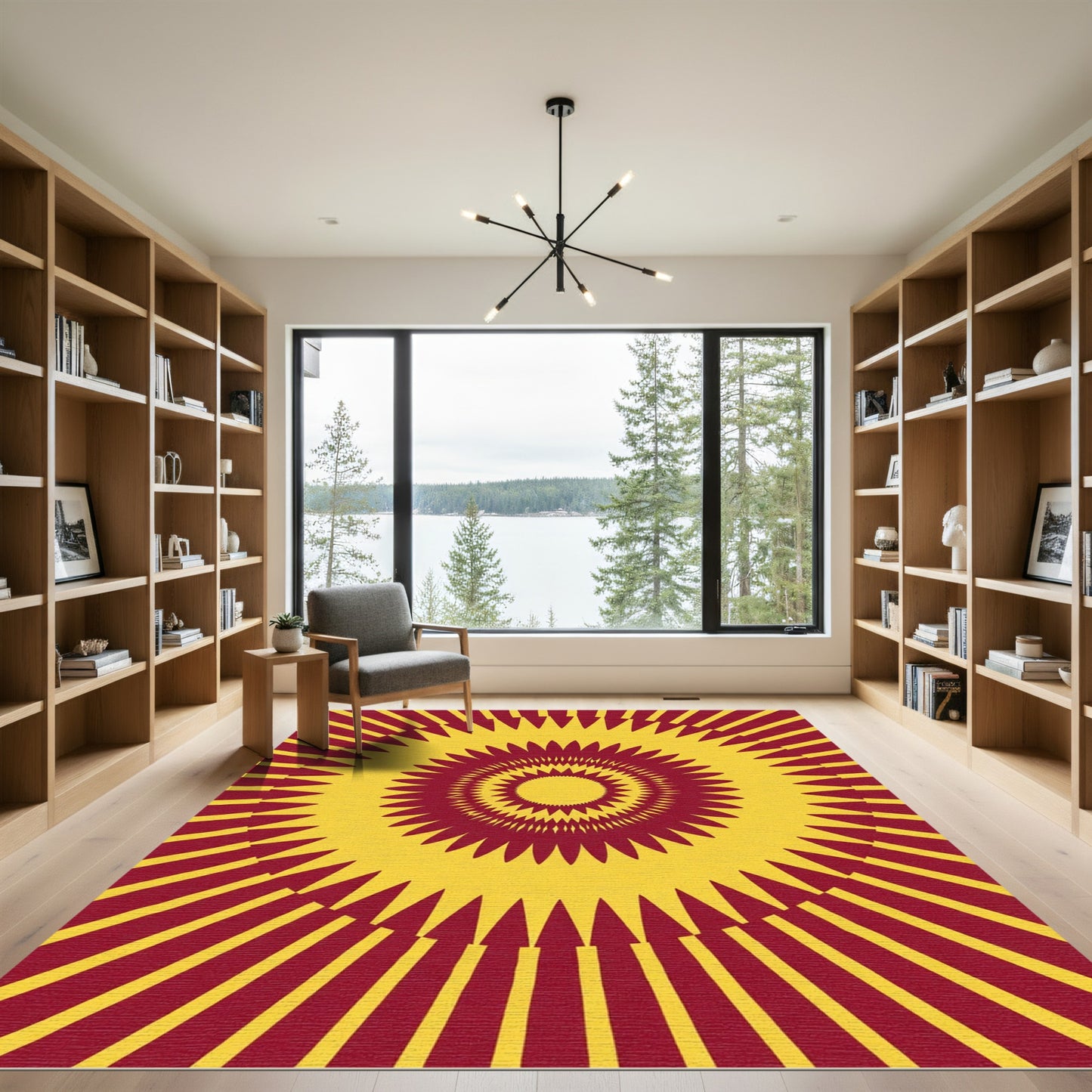 Crimson Yellow Sunburst Mandala Rug