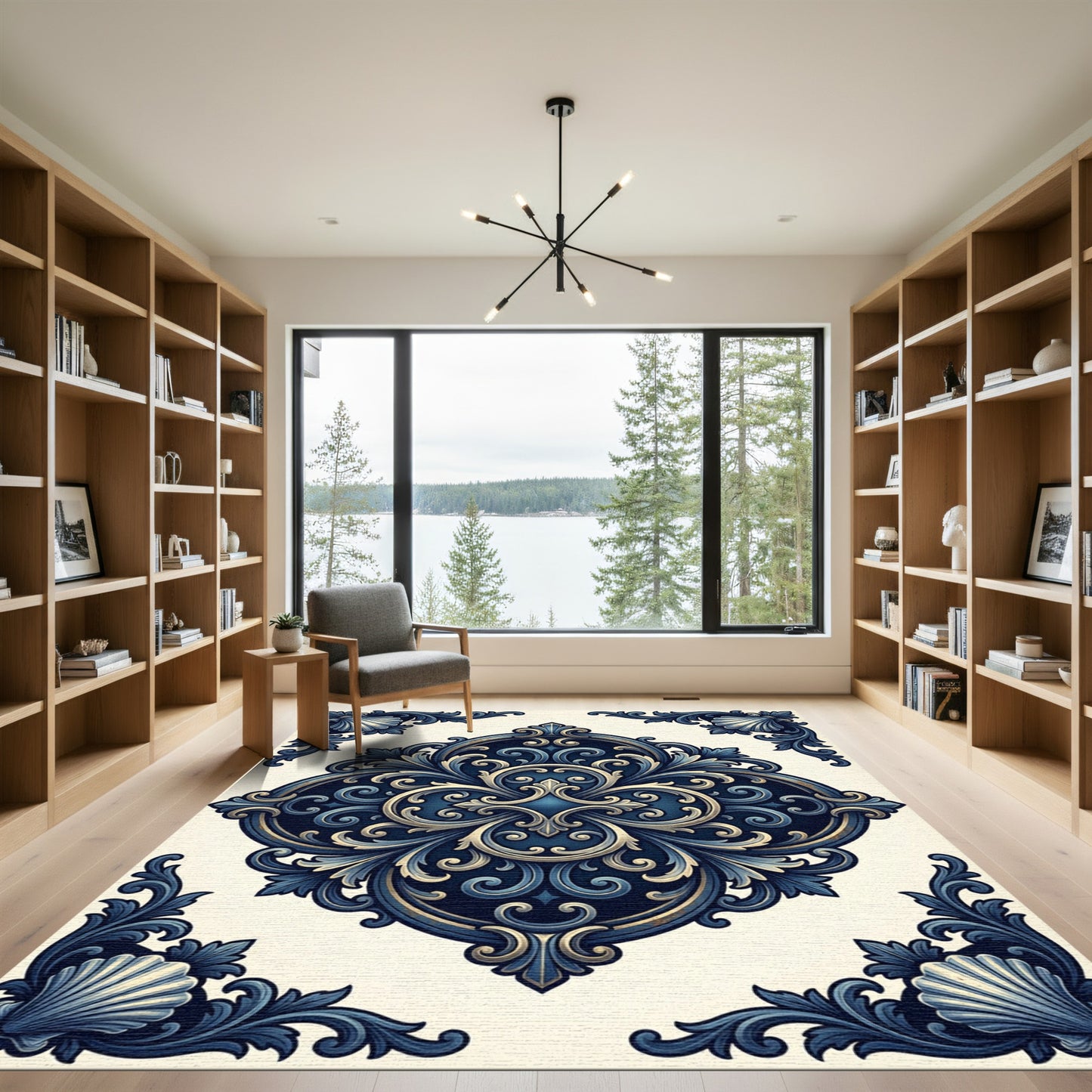 Elegant Navy Ornate Scroll Medallion Rug