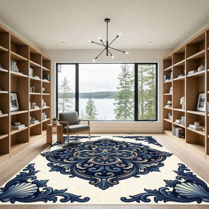 Elegant Navy Ornate Scroll Medallion Rug