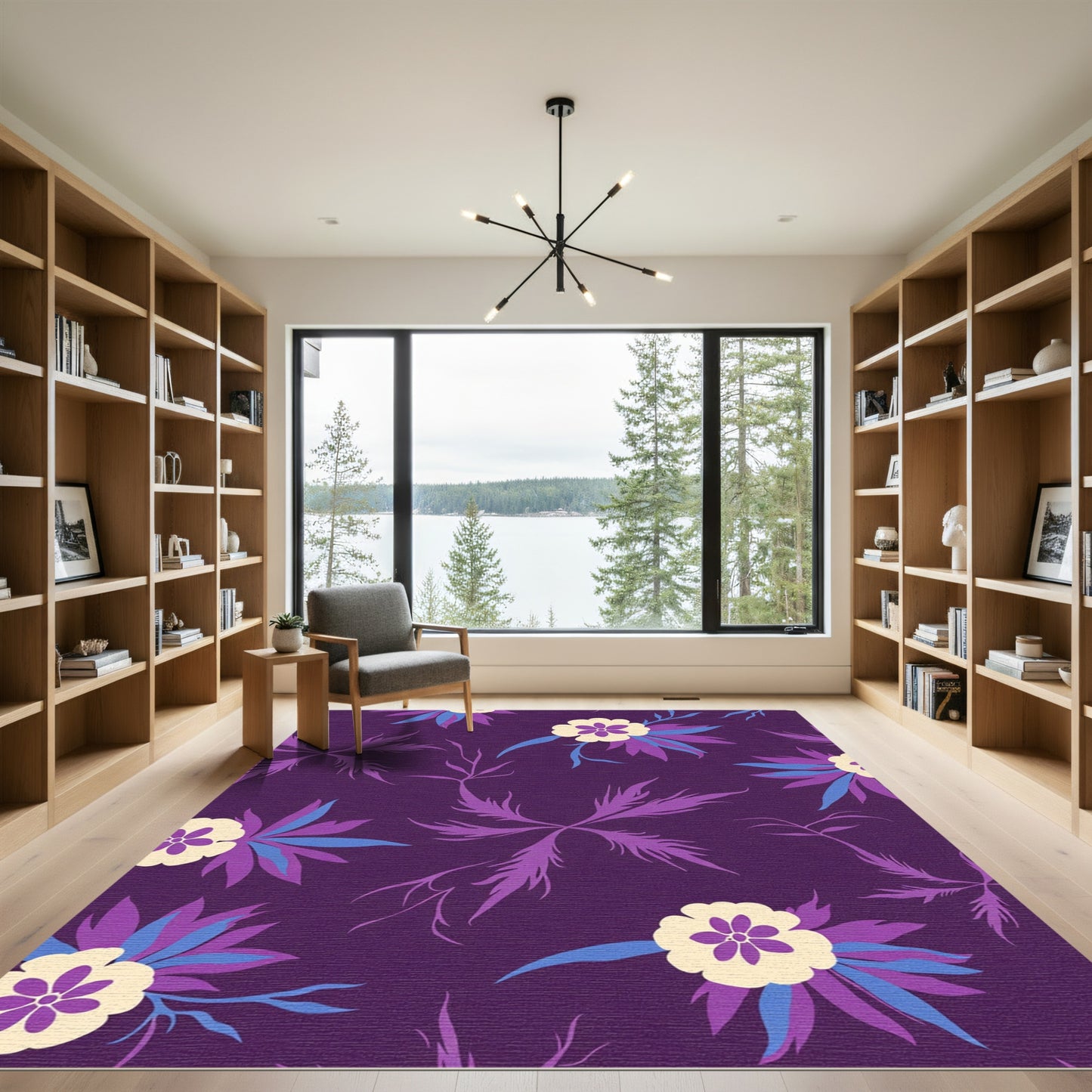 Dark Purple Cream Floral Arrangement Rug