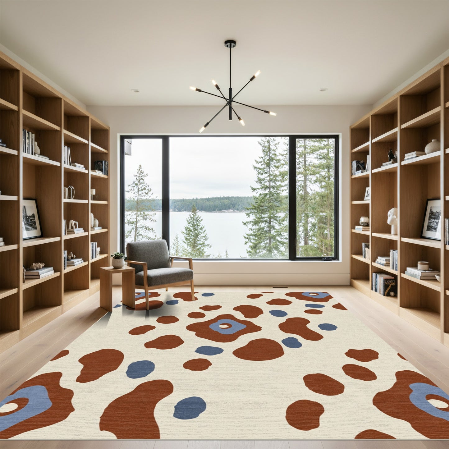 Abstract Tan Brown Blue Bloom Rug