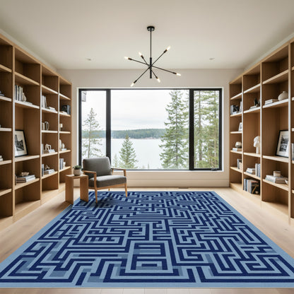 Navy Blue Geometric Maze Rug