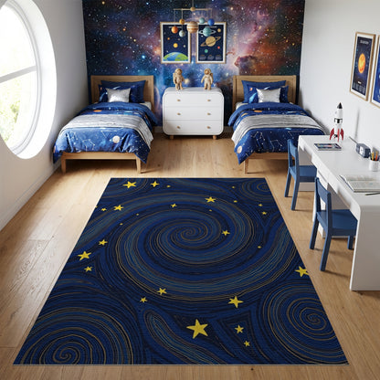 Navy Swirling Spirals Golden Stars Rug