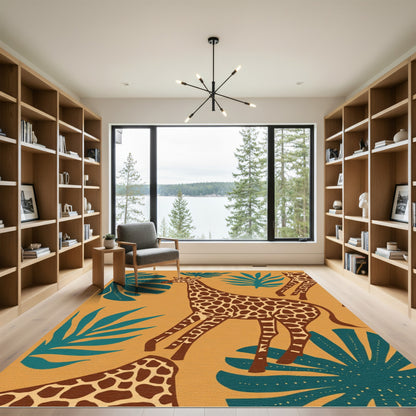 Golden Safari Giraffe Tropical Leaves Rug