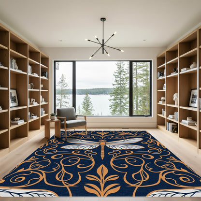 Indigo Dragonfly Vine Scrollwork Rug