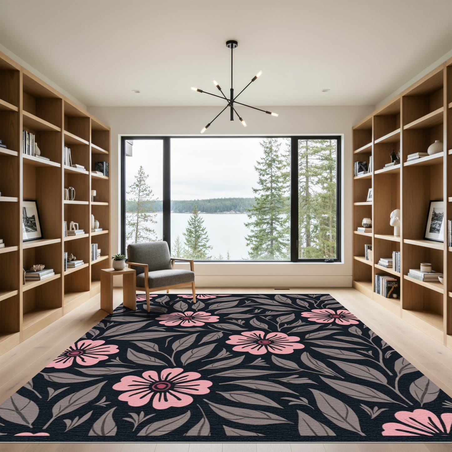 Pink Floral Dark Woodland Garden Rug
