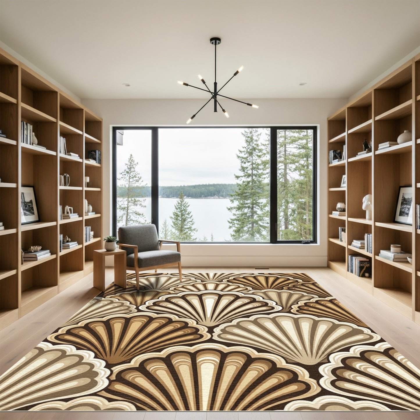 Elegant Golden Scallop Shell Art Deco Rug