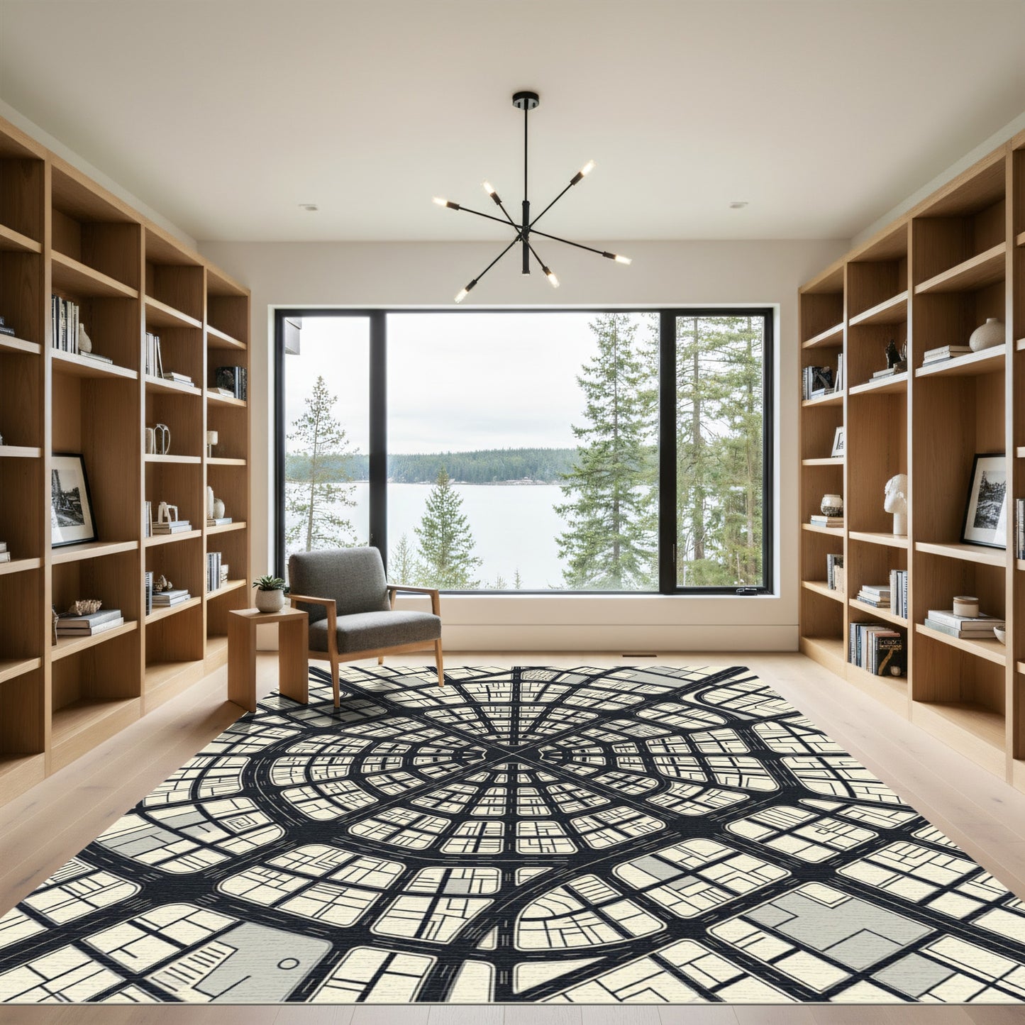 Modern Circular Monochrome Geometric City Map Rug