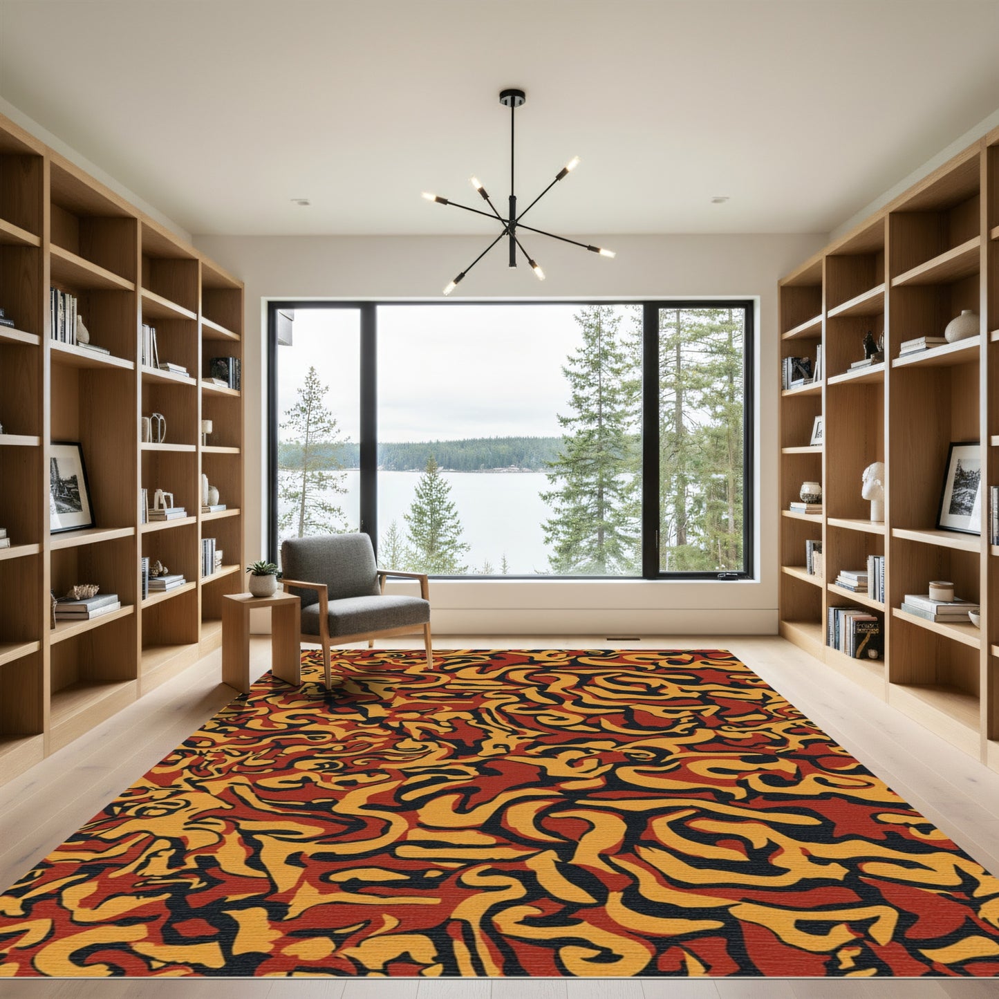 Abstract Ochre Black Crimson Swirl Rug